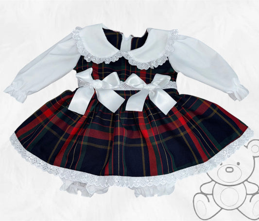 Navy & Red Tartan Double Bow Dress