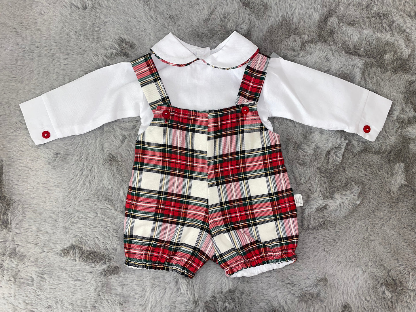 Cream & Red Tartan Dungarees Set