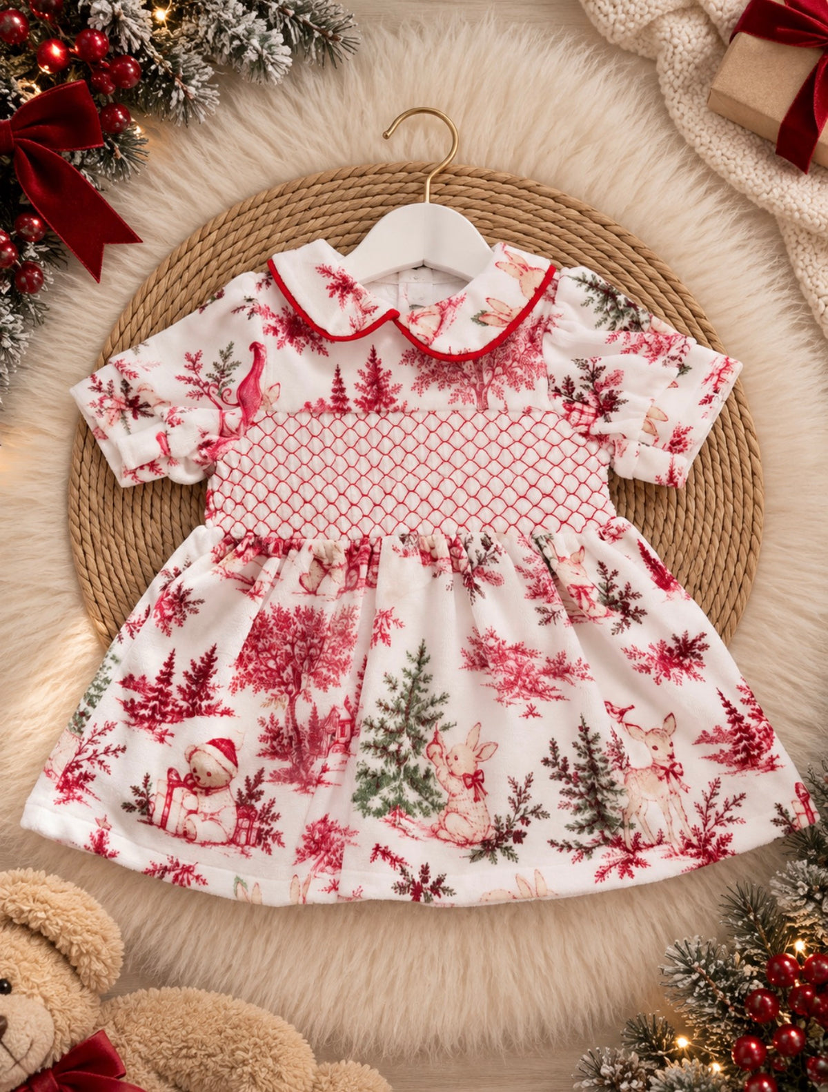 Christmas Print Velour smocked dress