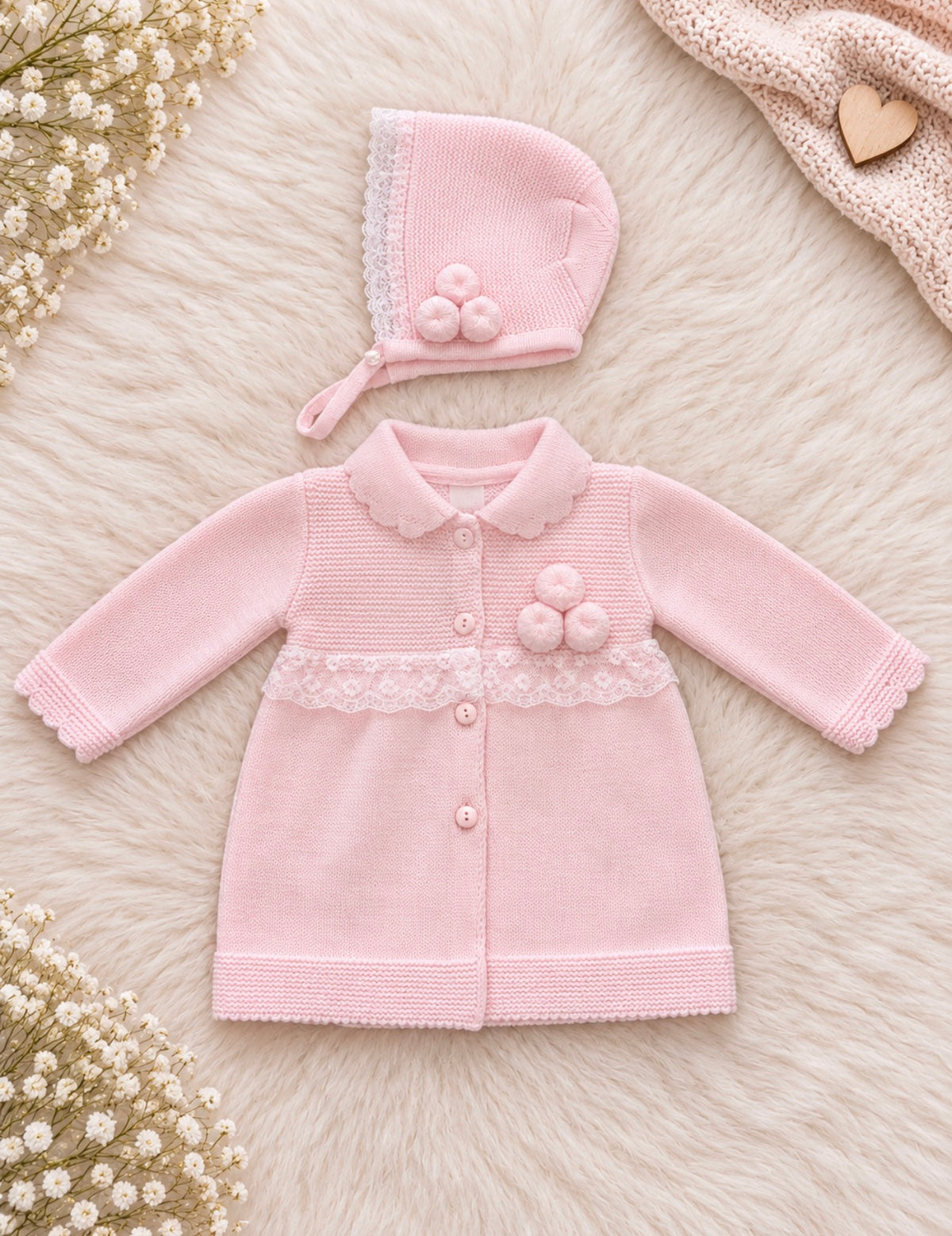 Pink Pom Pom Cardigan & Bonnet