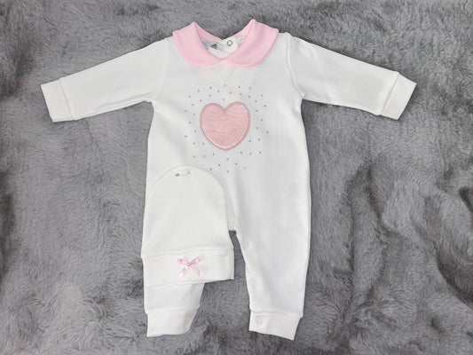 Ivory & Pink Diamanté Heart Babygrow & Hat Set