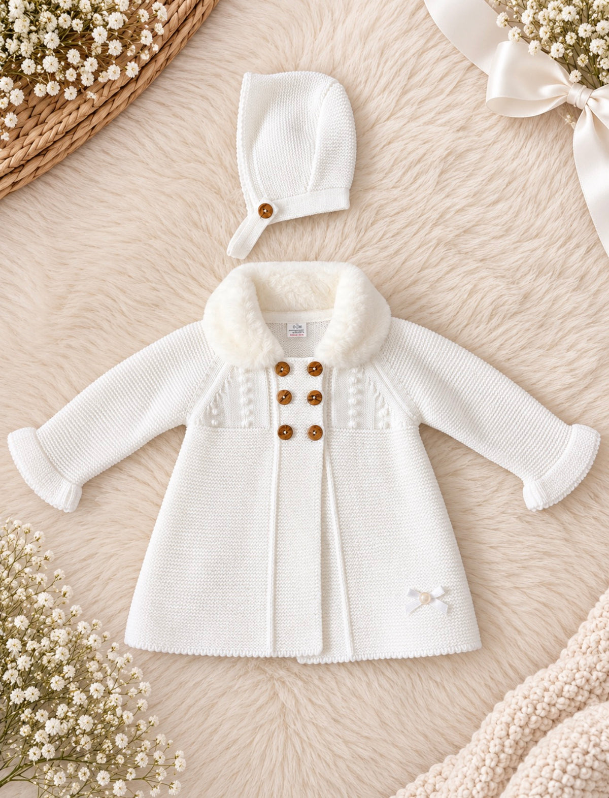 White Knitted Fur Collar Cardigan & Bonnet