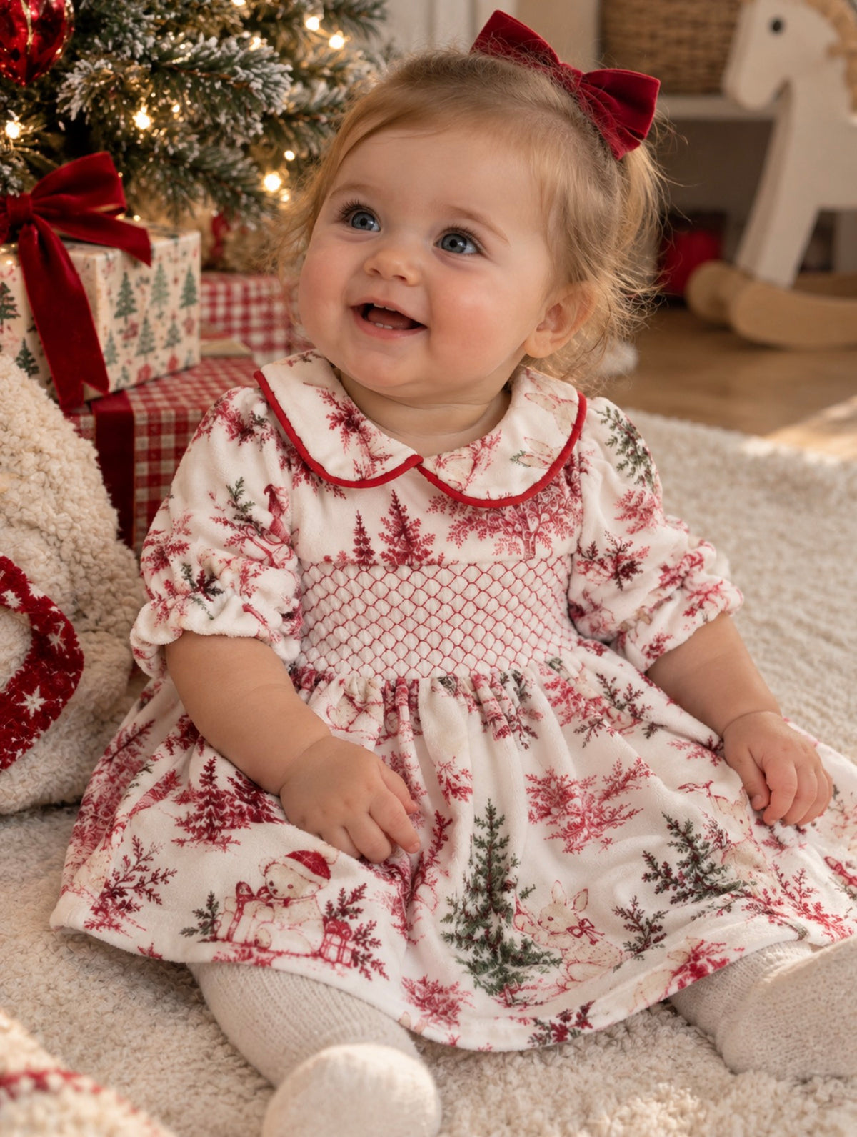 Christmas Print Velour smocked dress