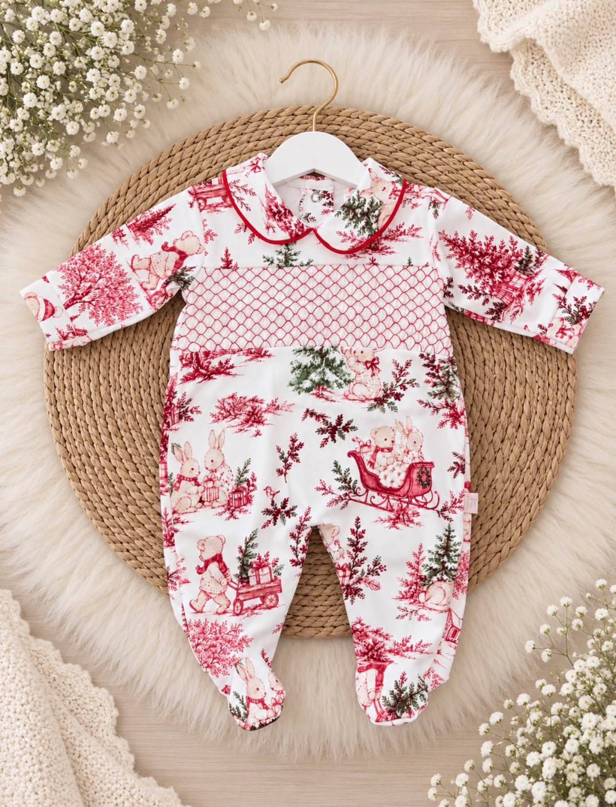 Christmas Print Smocked Sleepsuit
