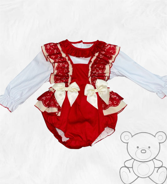 Wee Me Red & Cream Bow Romper