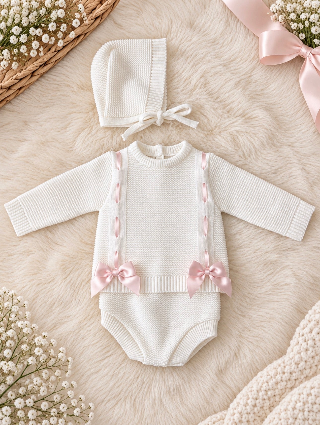 White & Pink Bow Knitted 3 piece set