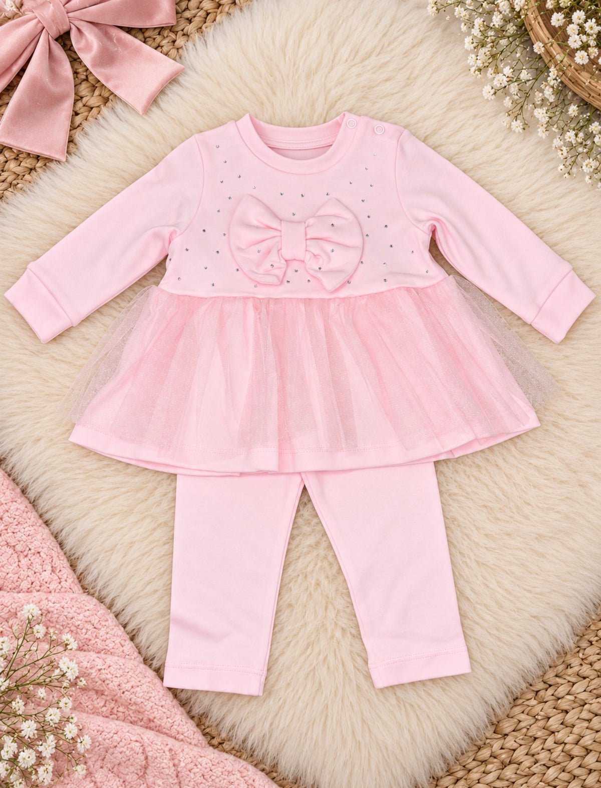 Pink Diamanté Bow Tulle Top & Leggings Set