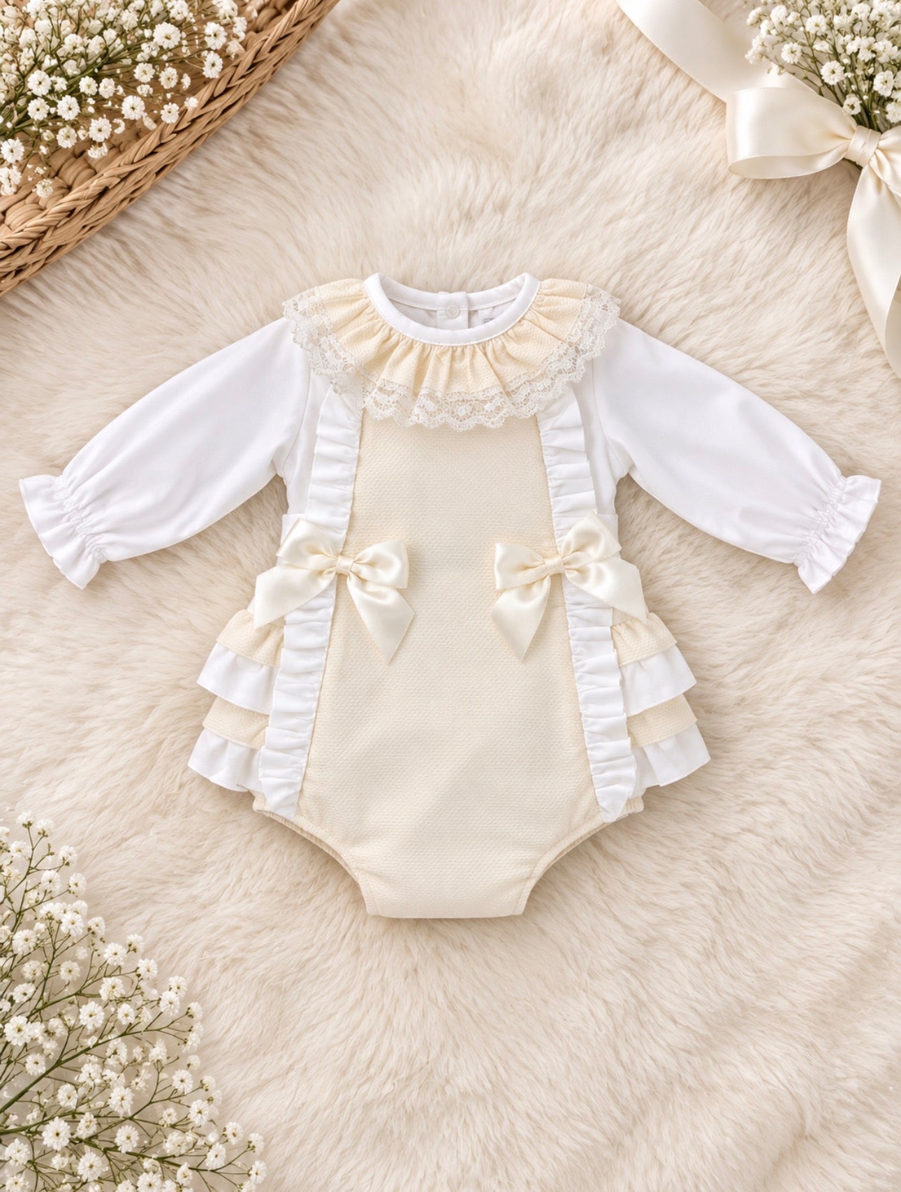 Cream Double Bow Romper & Blouse