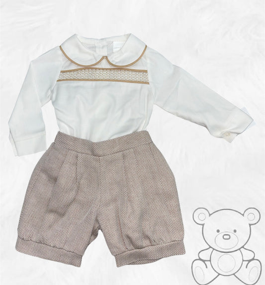 Little Nosh Beige Zig zag Shorts & Shirt Set