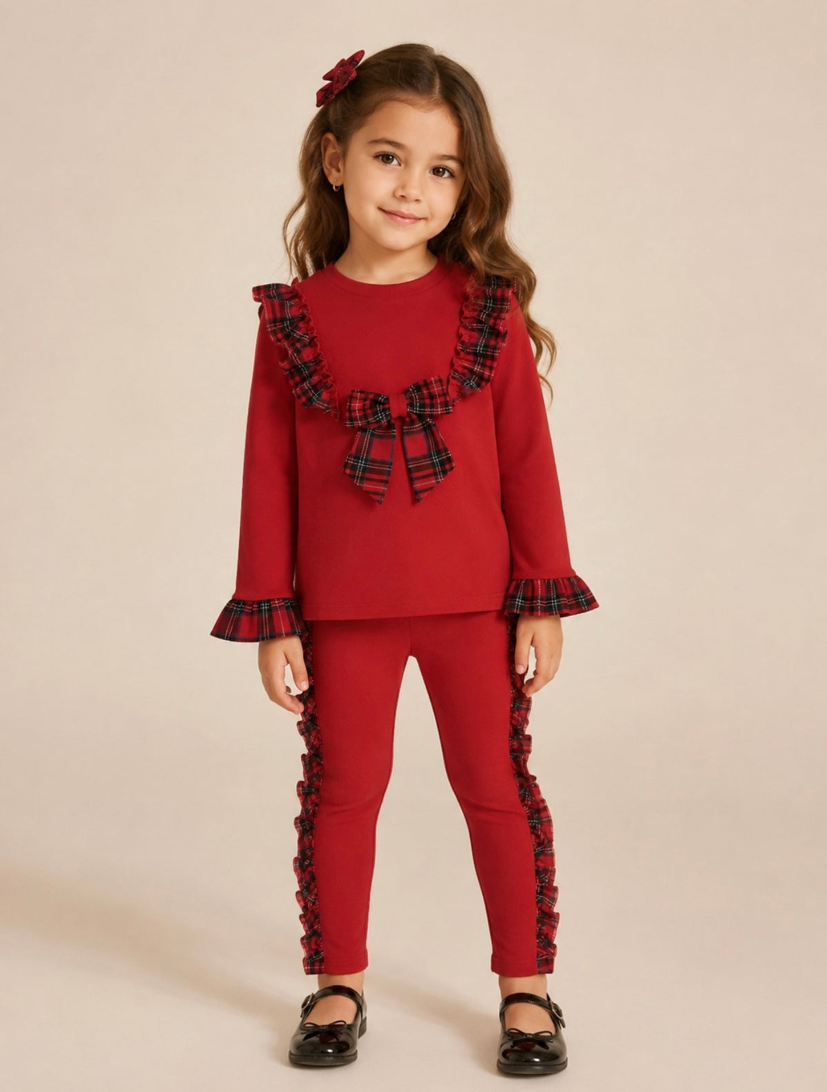 Red Tartan Single Bow Leggings & Top Set