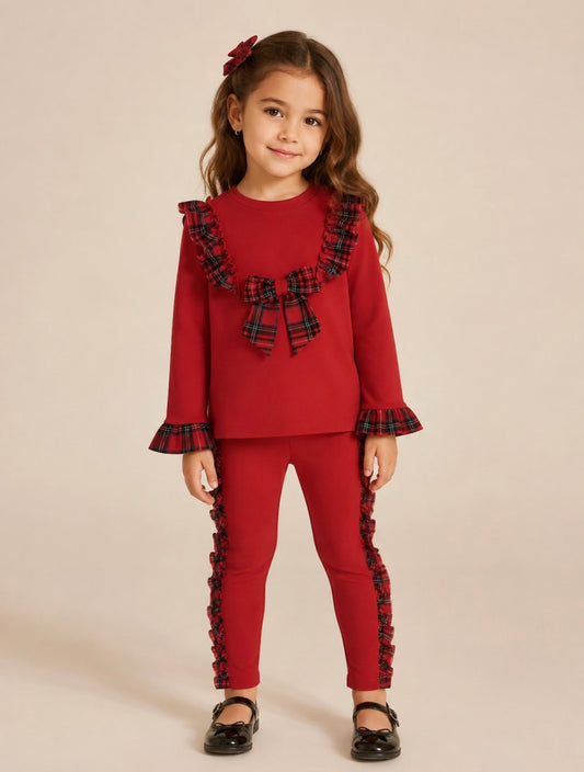 Red Tartan Single Bow Leggings & Top Set