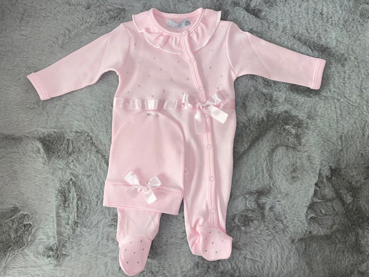 Pink Diamanté Bow Babygrow & Hat Set