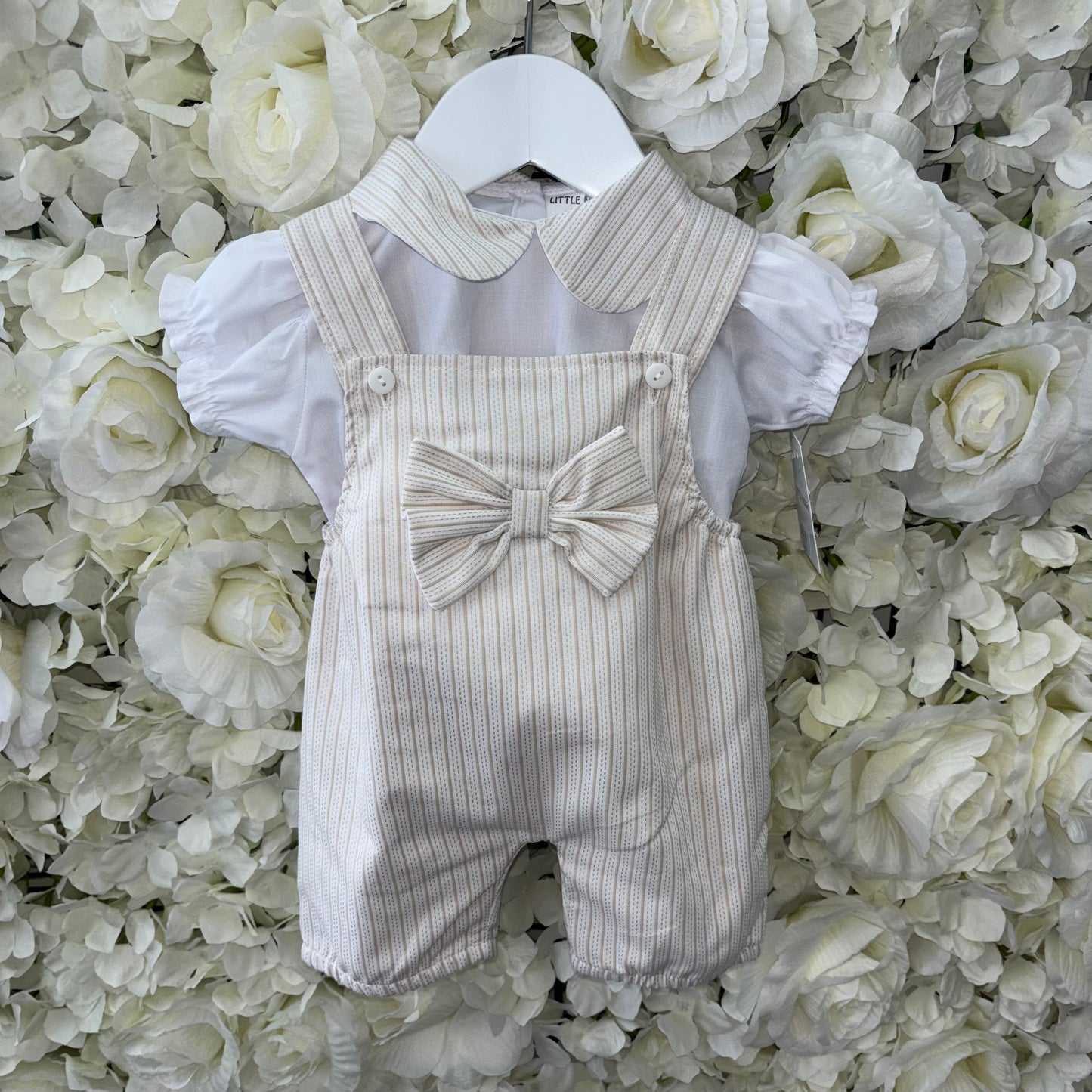 Little Nosh Beige Stripe Bow Dungarees