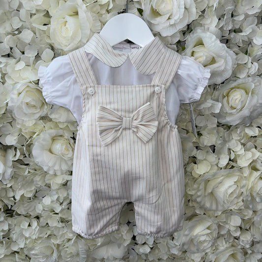 Little Nosh Beige Stripe Bow Dungarees