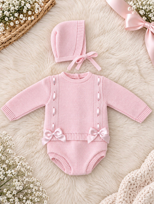 Pink Bow Knitted 3 piece set