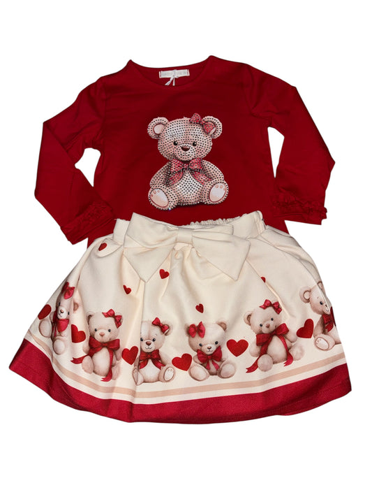 Red Teddy Diamanté Top & Skirt Set