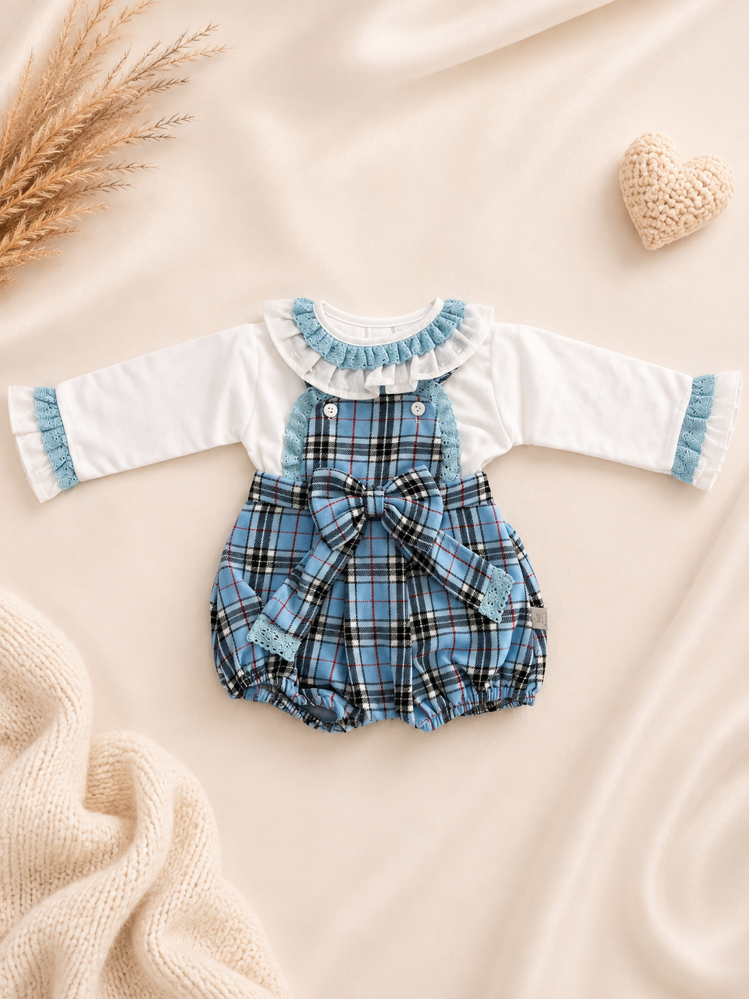 Blue Tartan Romper & Blouse Set