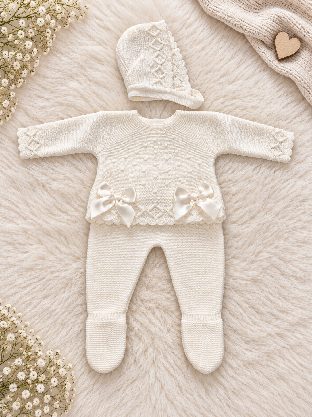 Ivory Knitted Bow 3 Piece Set