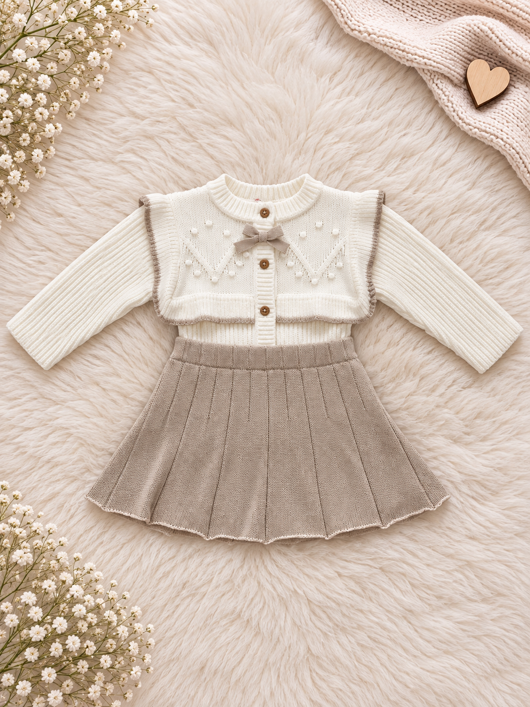 Girls Cream & Beige Cardigan & Skirt knit set
