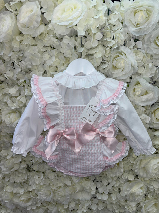 Pink Waffle Dogtooth Frilly Romper