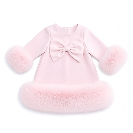 Pink Bow Fur Trim Dress