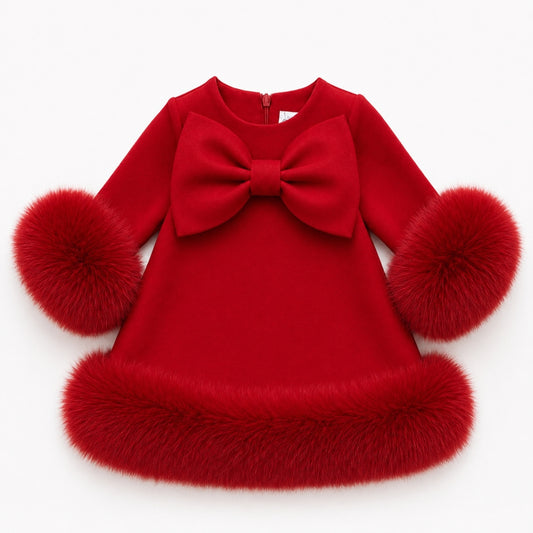 Red Bow Fur Trim Dress