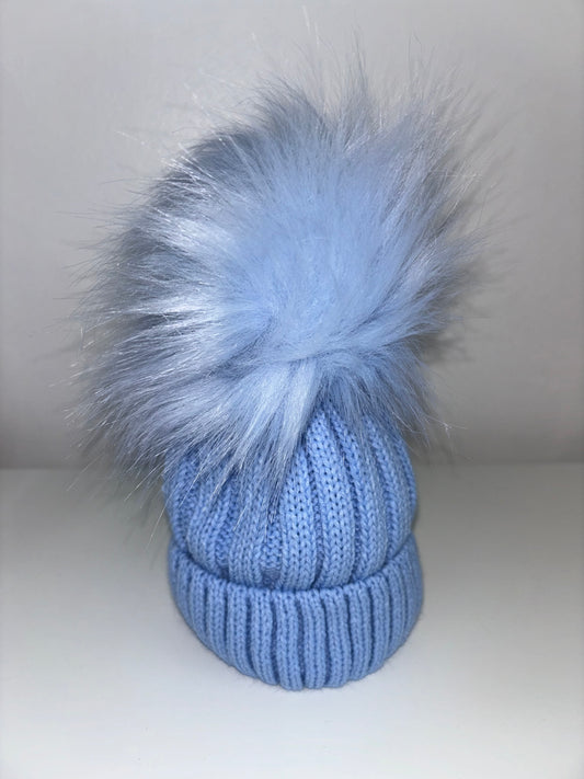 Blue Luxury Ribbed Pom Pom Hat