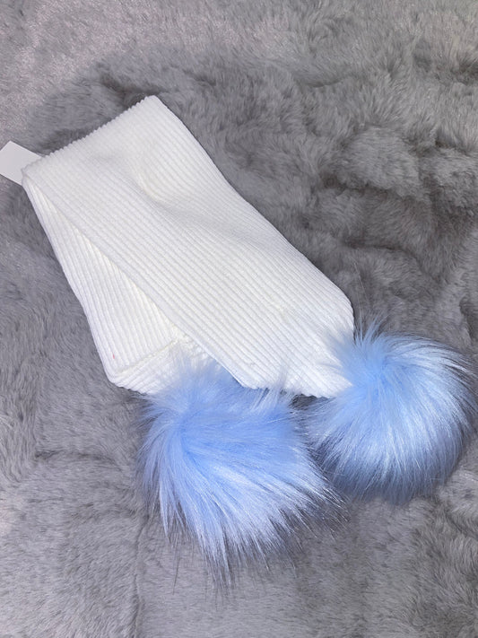 White Scarf with Blue Faux Fur Pom Pom