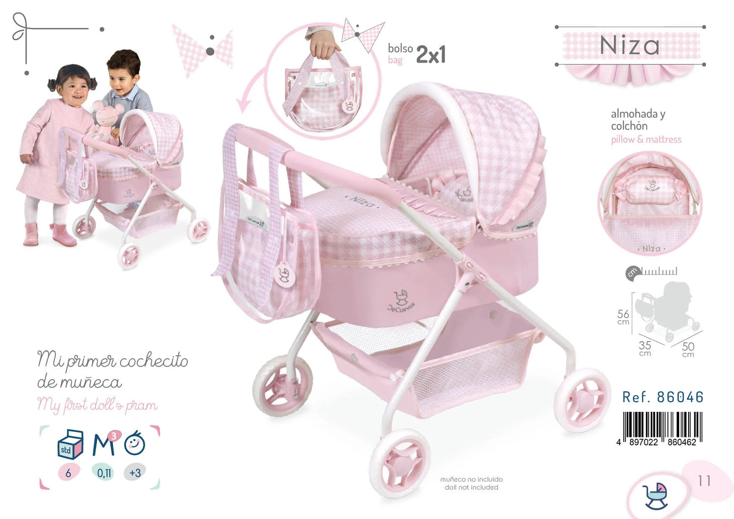 My First Pram Pink & White Gingham Dolls Pram