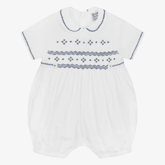 Sarah Louise White & Navy Handsmocked Romper